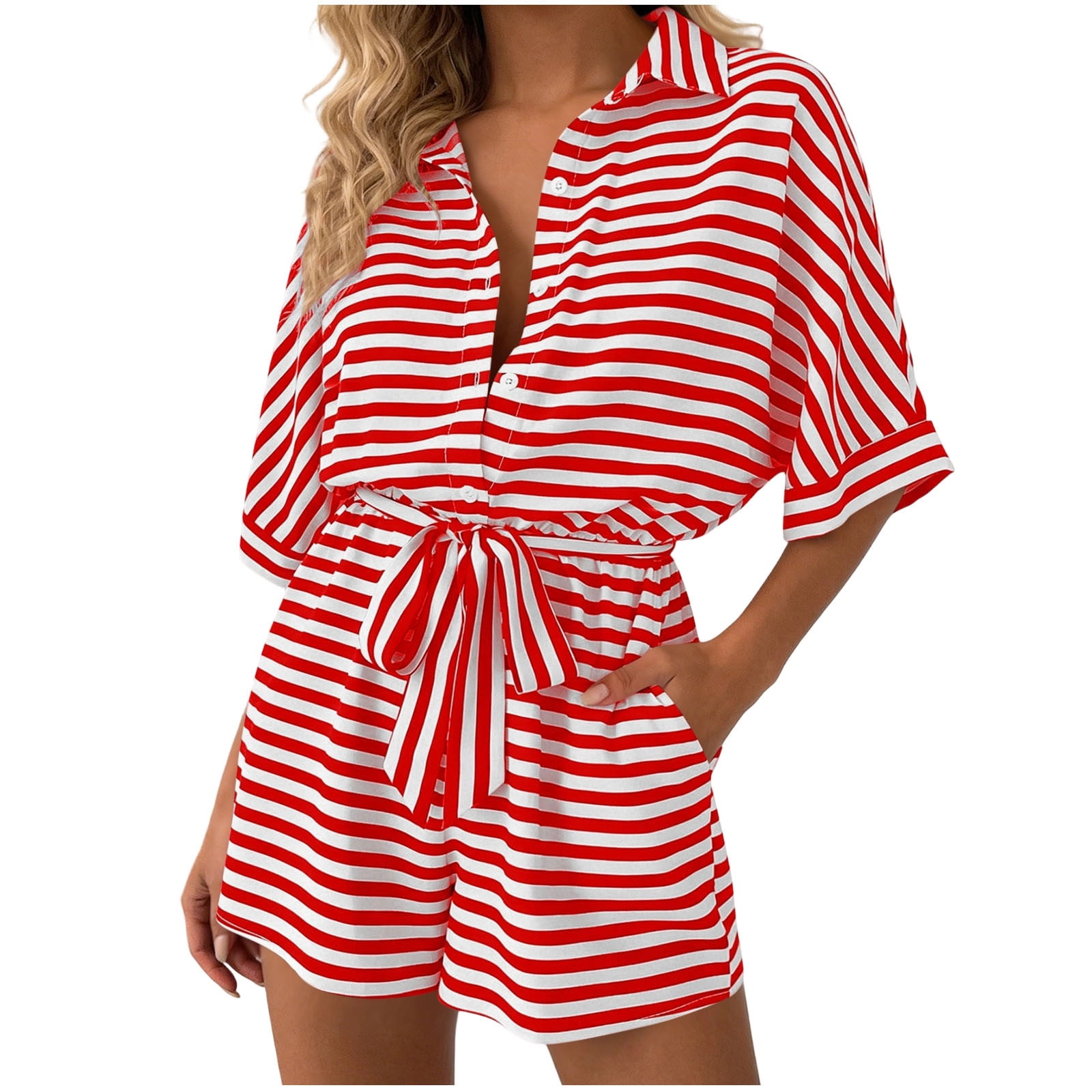 AGKIZG Women Striped Lapel Button Half Sleeve Belt Casual Romper Shorts ...