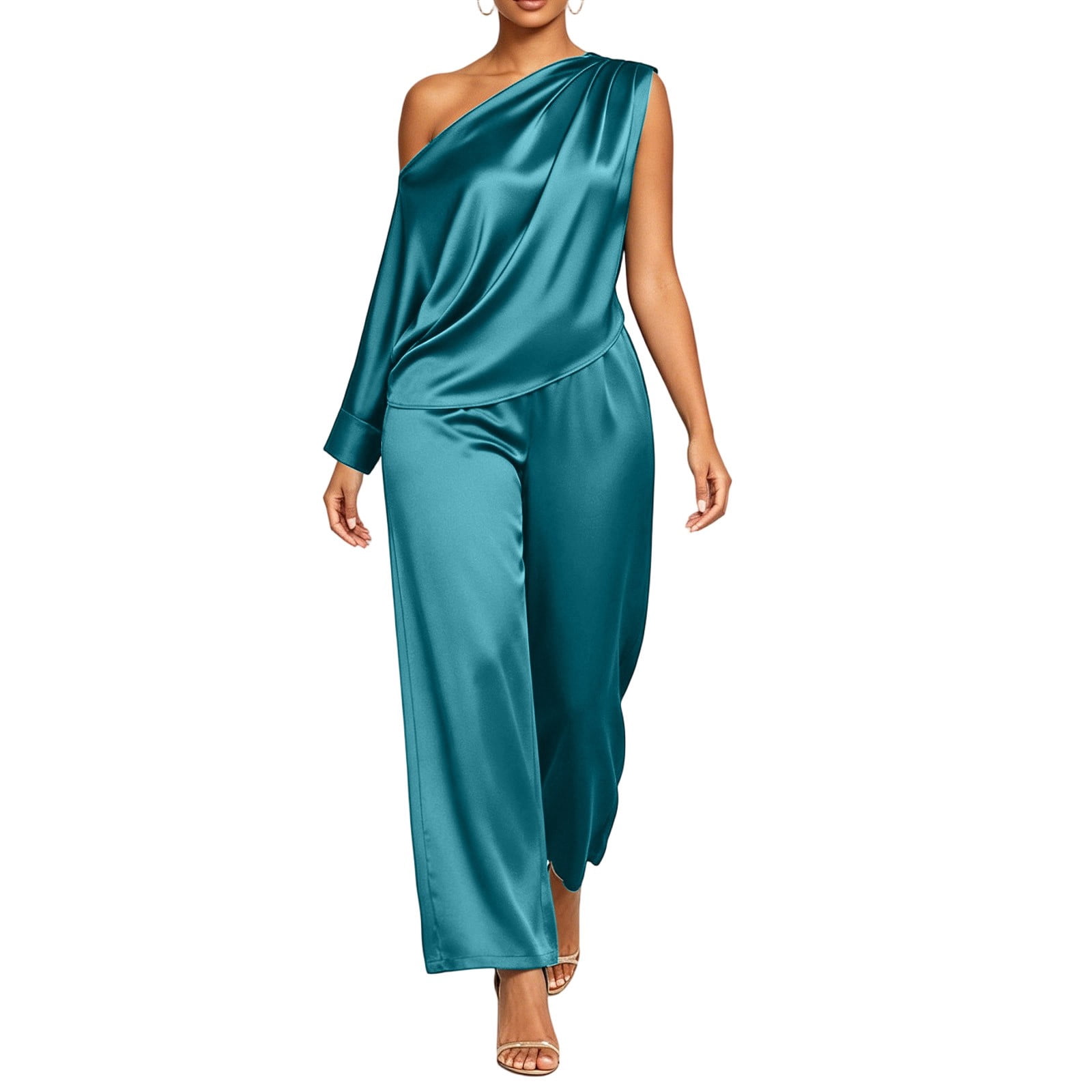 AGKIZG Women's Satin Fabric 2 Piece Set Slant Neck Short Sleeve Top ...