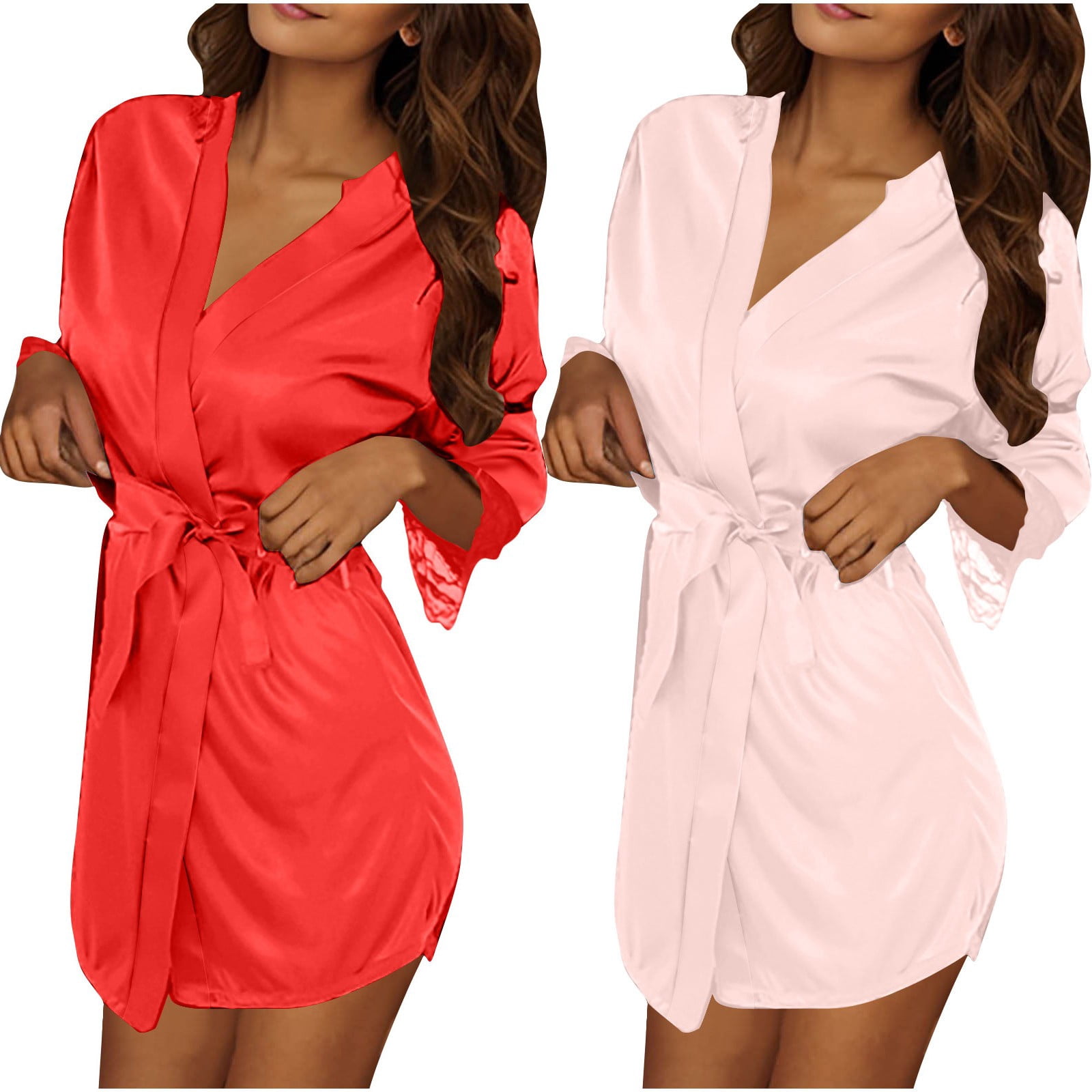 AGKIZG Womens 2 Piece Solid Color Satin Robe Set Style Breathable Light ...