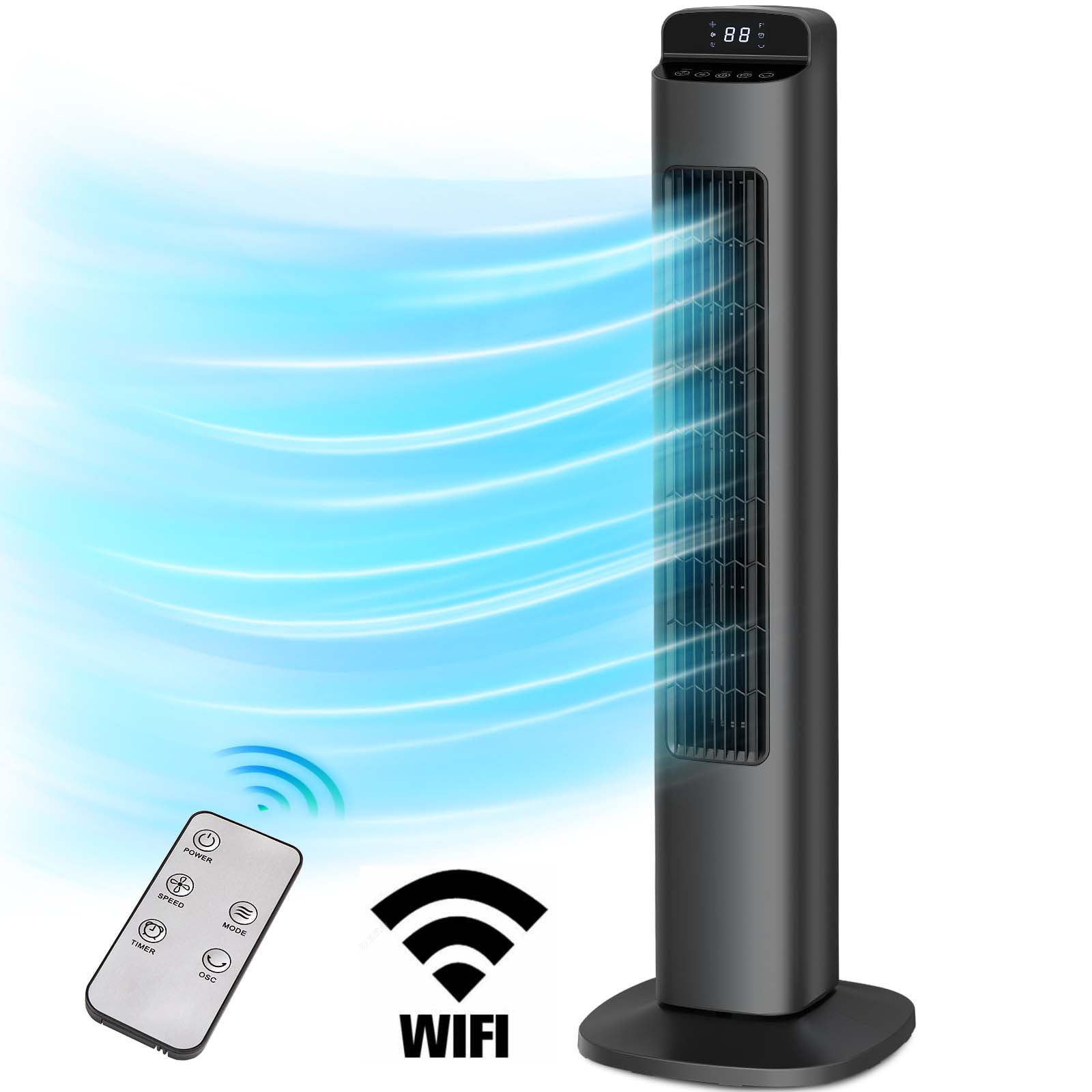 KISSAIR 36 Tower Fan with WiFi, Remote Control, LED Display, 5 Wind Speeds, 3 Modes, Oscillation, 12H Timer, Quiet Bladeless Cooling Fan for Home, Grey