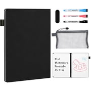 AGM A5 Notebook, Reusable Leather Notebook with Three Pens, Dry Erase Board and Eraser White Board Notebook Pencil Case, Black