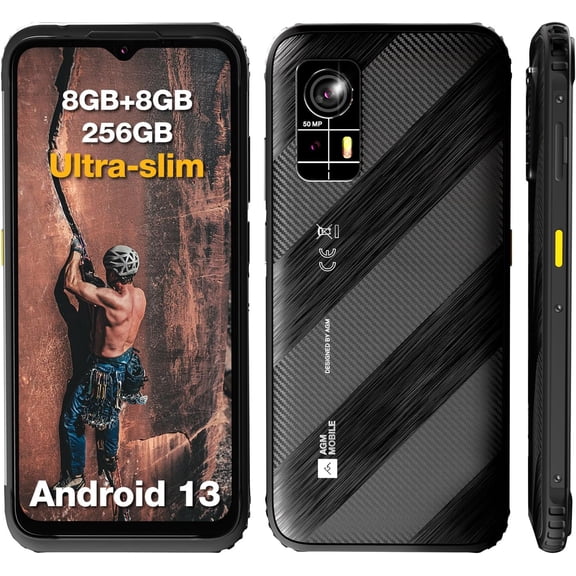 AGM H6 Rugged Smartphone, Ultra-thin & Light, 4G ,Android 13, 6.56-inch Display, 16GB RAM (8 8) 256GB ROM-Black