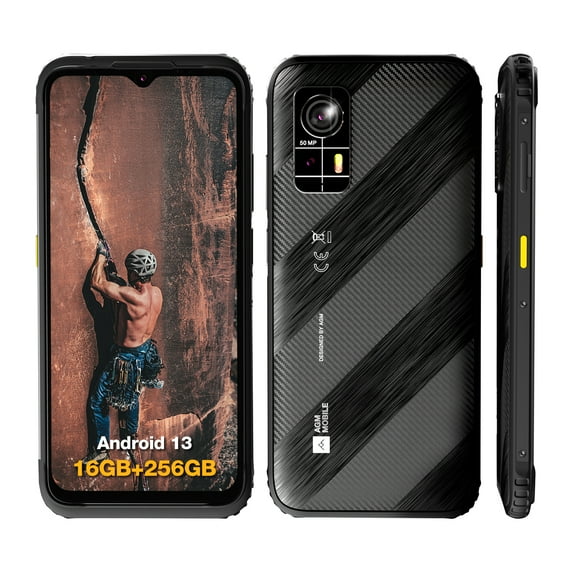 AGM H6 Rugged unlocked cell phones, Ultra-Thin 10.75mm, Rugged Smartphone, 16GB RAM (8+8) + 256GB ROM, Android 13 T-mobile Phone, 6.56-inch 90Hz Display, Waterproof IP68/IP69K, 4G Double SIM/NFC/GPS