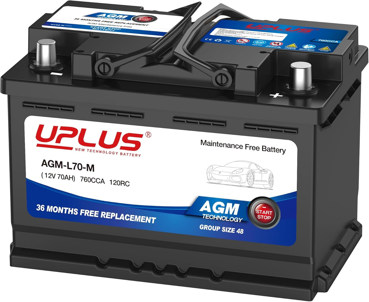 AGM-L70-M 48 Car Battery - Premium 12V 70Ah, Maintenance Free Automotive Battery, 760CCA, 80RC, H6 L3 Design
