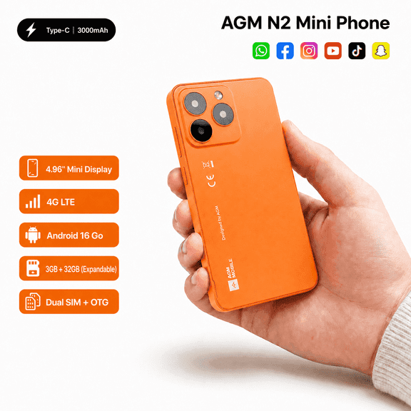 AGM N2 | Small Smartphone | 4.96" Compact Screen | 190g Lightweight | Android 16 Go | Student Friendly 4G Phone | Google Family Link | 3GB+32GB Expandable | Orange | Compatible with T-Mobile Only