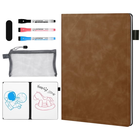 AGM Notebook, A5 Reusable Leather Notebook with Three Pens Pencil case and Eraser, Brown