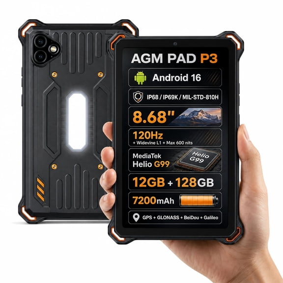 AGM PAD P3 8.68" Rugged 4G LTE Outdoor Tablet, 6GB+128GB, eSIM/NFC, 50MP Camera, 7200mAh Battery, Camp Light, 120Hz Bright Display, Android 16, T-Mobile Only