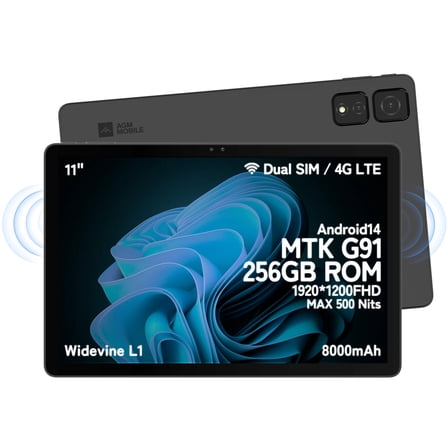 AGM PAD T2 Tablet Android 14, 8(4+4) GB RAM + 256GB ROM, 11 Inch FHD Display 1920 X 1200, MTK G91/Dual SIM/13MP+8MP+2MP/OTG/GPS/Widevine L1