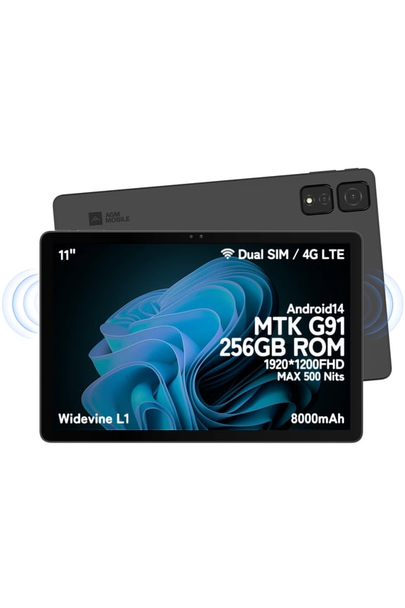 AGM PAD T2 Tablet Android 14, 8(4+4) GB RAM + 256GB ROM, 11 Inch FHD Display 1920 X 1200, MTK G91/Dual SIM/13MP+8MP+2MP/OTG/GPS/Widevine L1