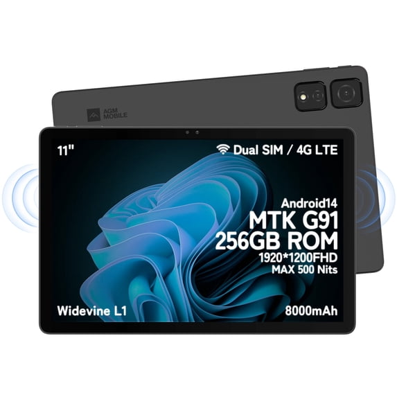 AGM PAD T2 Tablet Android 14, 8(4+4) GB RAM + 256GB ROM, 11 Inch FHD Display 1920 X 1200, MTK G91/Dual SIM/13MP+8MP+2MP/OTG/GPS/Widevine L1