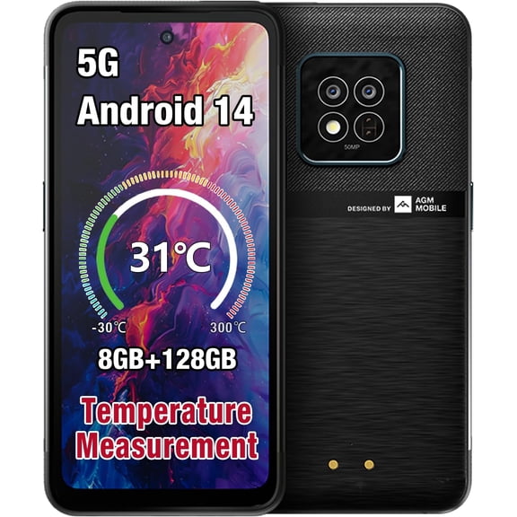 AGM X6 5G Android Smartphone 5G Unlocked, Rugged Design, 8GB 128GB, 6.78'' FHD Display, Black/Clear