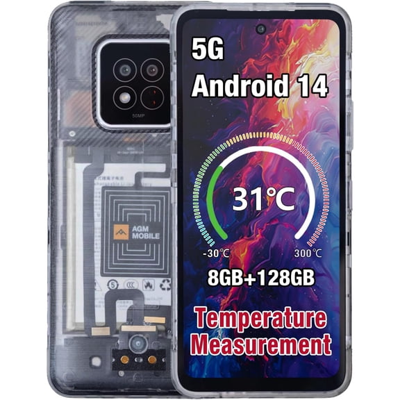 AGM X6 5G Android Smartphone 5G Unlocked, Rugged Design, 8GB 128GB, 6.78'' FHD Display, Black/Clear