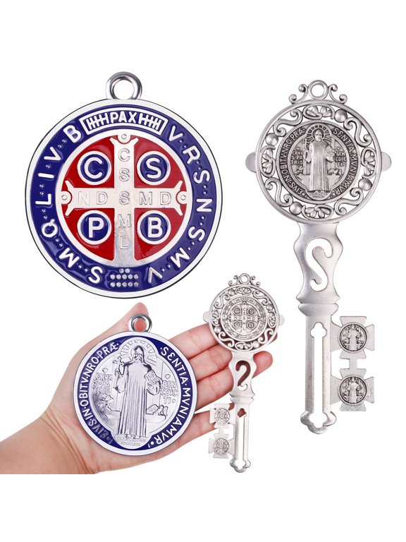 2 Pcs DoubleSided Enamel Saint Benedict Cross Medals, Catholic Charms for Diy Keychain Jewelry Making, Baptism & Easter Party Favors
