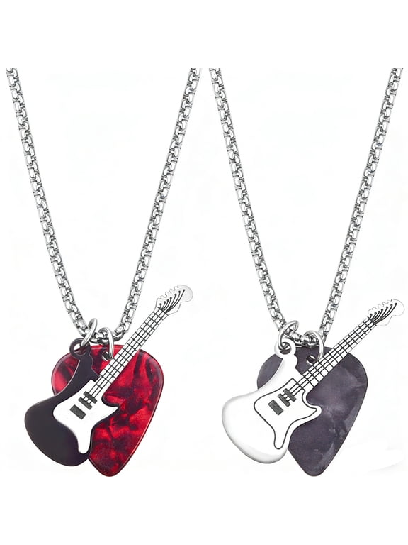 2Pcs Stainless Steel Guitar Pick Pendant Necklace for Men Women, Red Black Enamel Rock Punk Music Jewelry, 2 Pack Gift