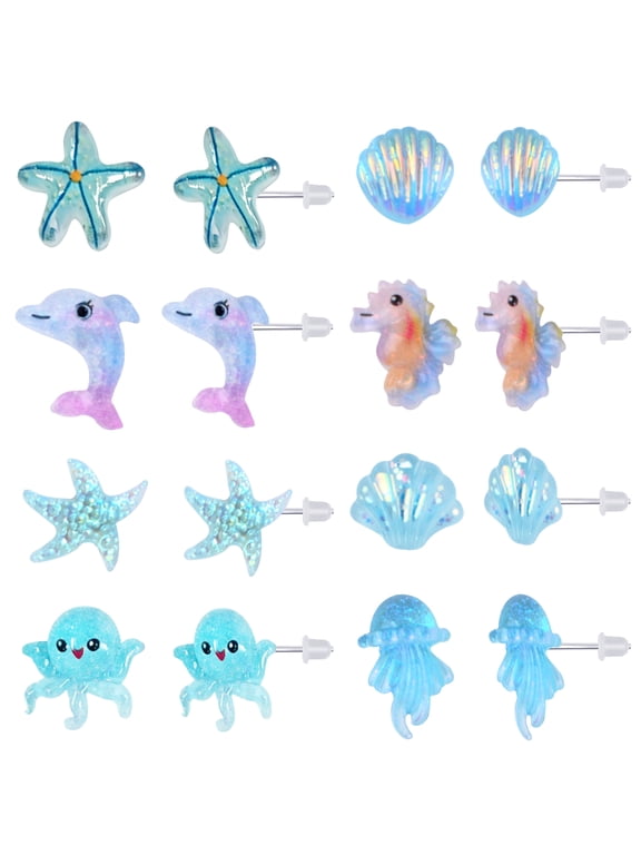 8 Pairs Ocean Themed Stud Earrings for Women, Hypoallergenic Plastic Post Starfish Jellyfish Earrings for Sensitive Ears