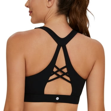 AGONVIN Strappy Sexy Cutout Lace-Up Back Sports Bra with Removable Cups for Women Black S