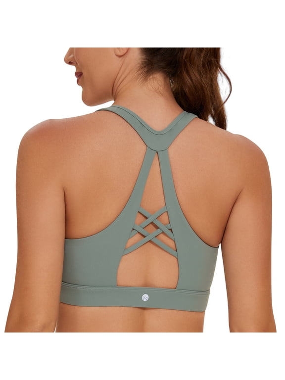 AGONVIN Strappy Sexy Cutout Lace-Up Back Sports Bra with Removable Cups for Women Matcha Green L