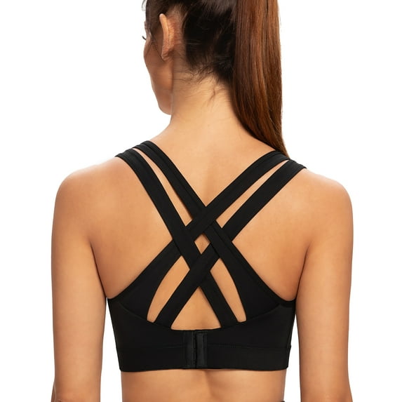 AGONVIN Women's High Impact Plus Size Large Bust Sexy Strappy Back Padded Sports Bra Black Small