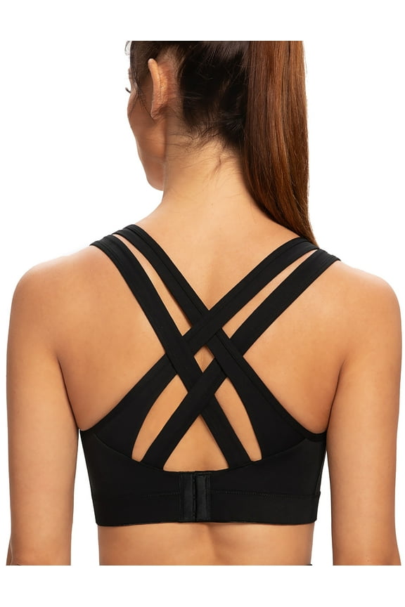 Women's High Impact Plus Size Large Bust Sexy Strappy Back Padded Sports Bra Black X-Small