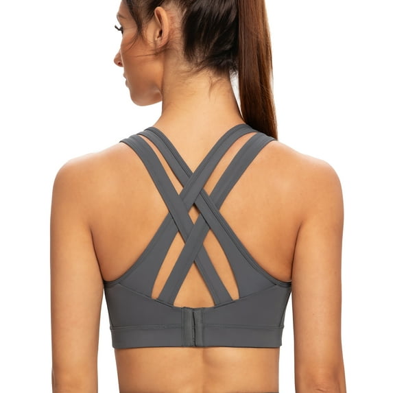 AGONVIN Women's High Impact Plus Size Large Bust Sexy Strappy Back Padded Sports Bra Iron Gray X-Large