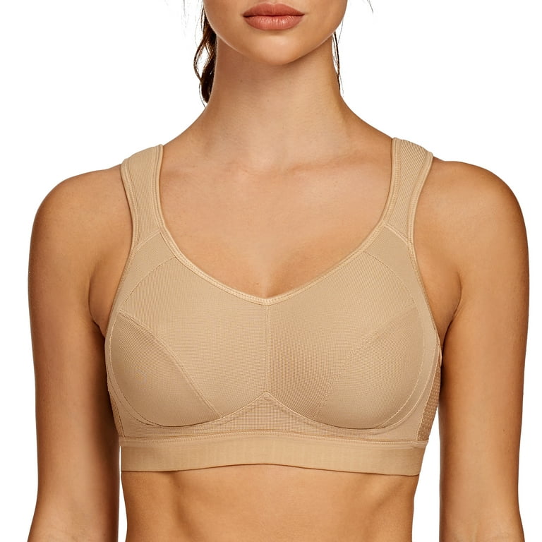 AGONVIN Women's High Impact Support Wirefree Bounce Control Plus Size  Workout Sports Bra Beige 34G