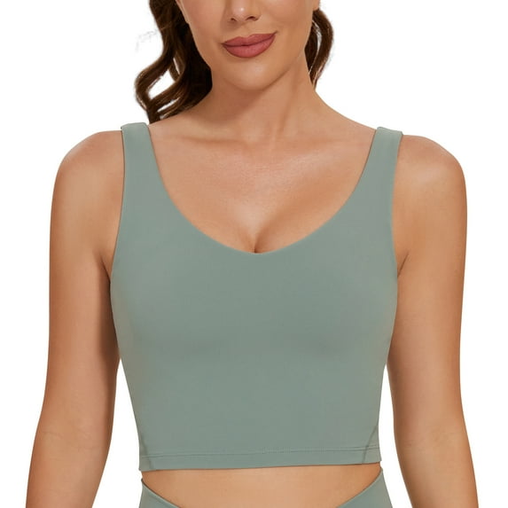 AGONVIN Women's Longline Sports Bra - U Back Wirefree Padded Workout Yoga Bra Crop Top Matcha Green XL