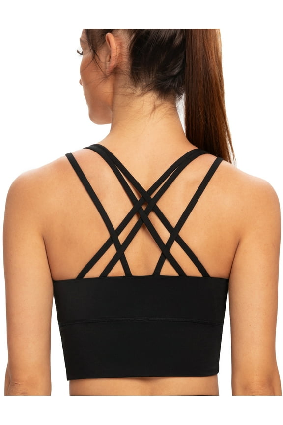Women's Strappy Longline Yoga Sports Bra Padded Wireless Crop Top Cami Tank Top Black X-Small Plus