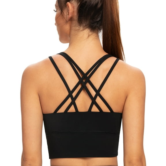 AGONVIN Women's Strappy Longline Yoga Sports Bra Padded Wireless Crop Top Cami Tank Top Black X-Small