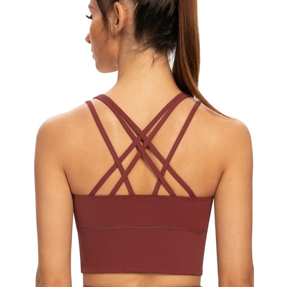 AGONVIN Women's Strappy Longline Yoga Sports Bra Padded Wireless Crop Top Cami Tank Top Cabernet Red Small Plus