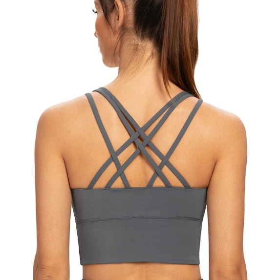 AGONVIN Women's Strappy Longline Yoga Sports Bra Padded Wireless Crop Top Cami Tank Top Iron Gray Medium Plus
