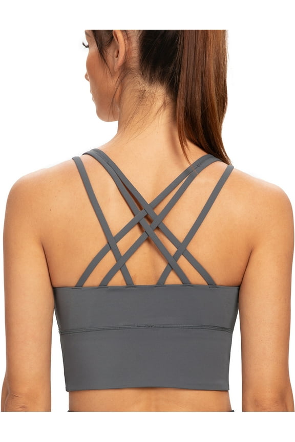 Women's Strappy Longline Yoga Sports Bra Padded Wireless Crop Top Cami Tank Top Iron Gray X-Small