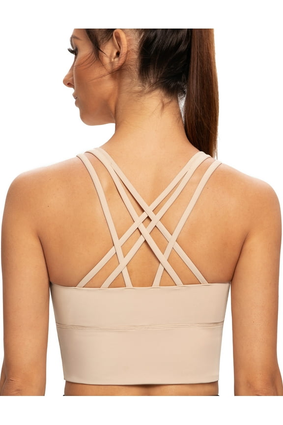 Women's Strappy Longline Yoga Sports Bra Padded Wireless Crop Top Cami Tank Top Pale Nude Large Plus