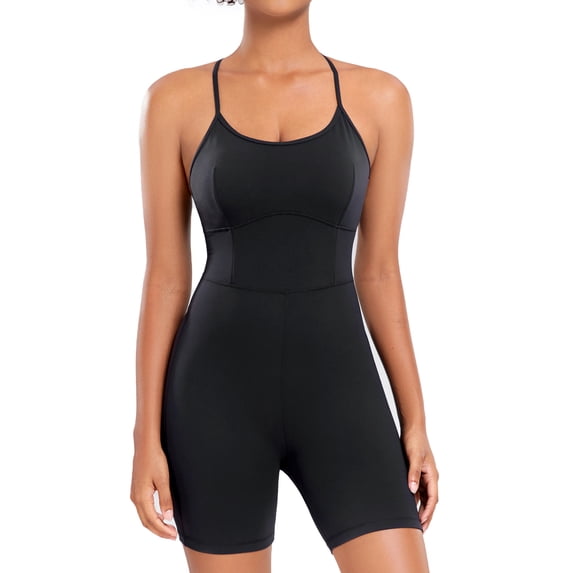 AGONVIN Women's Workout Spaghetti Strap Rompers Shorts Tummy Control One Piece Jumpsuit Black XL