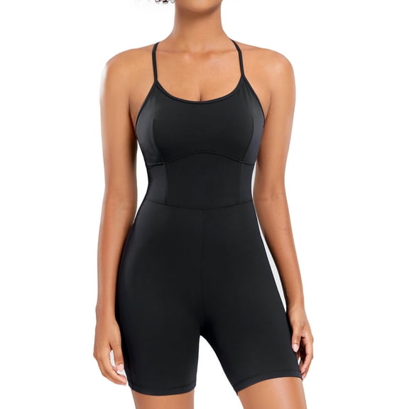 AGONVIN Women's Workout Spaghetti Strap Rompers Shorts Tummy Control One Piece Jumpsuit Black XXL
