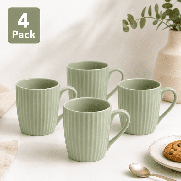 AGORKI Coffee Mug Set of 4, Ceramic Coffee Cups with Handles, 12oz Stoneware Mugs Set for Coffee Tea Milk, Wave Design Mug Gifts for Home Office Restaurant, Green