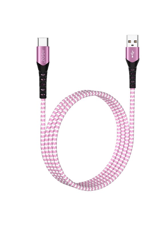 AGOZ Pink 6ft Braided Type-C USB Data Sync FAST Charging Charger Cable Durable Heavy Duty Cord for Nintendo Switch, Pro Controller, Joy Con Charging STAND, Poke Ball Plus
