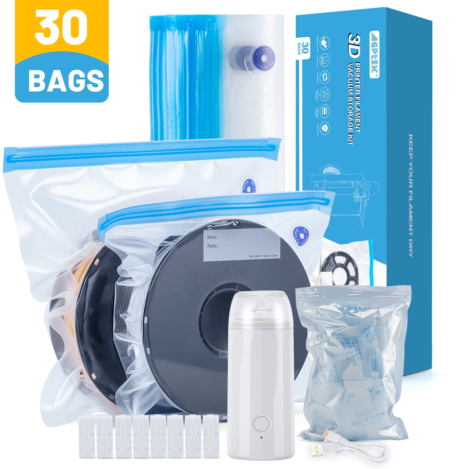AGPTEK 30 Pack 3D Printer Filament Storage Bags 2 Sizes Vacuum Sealed Kit with 500mAh Electric Pump & Silica Gel Desiccants