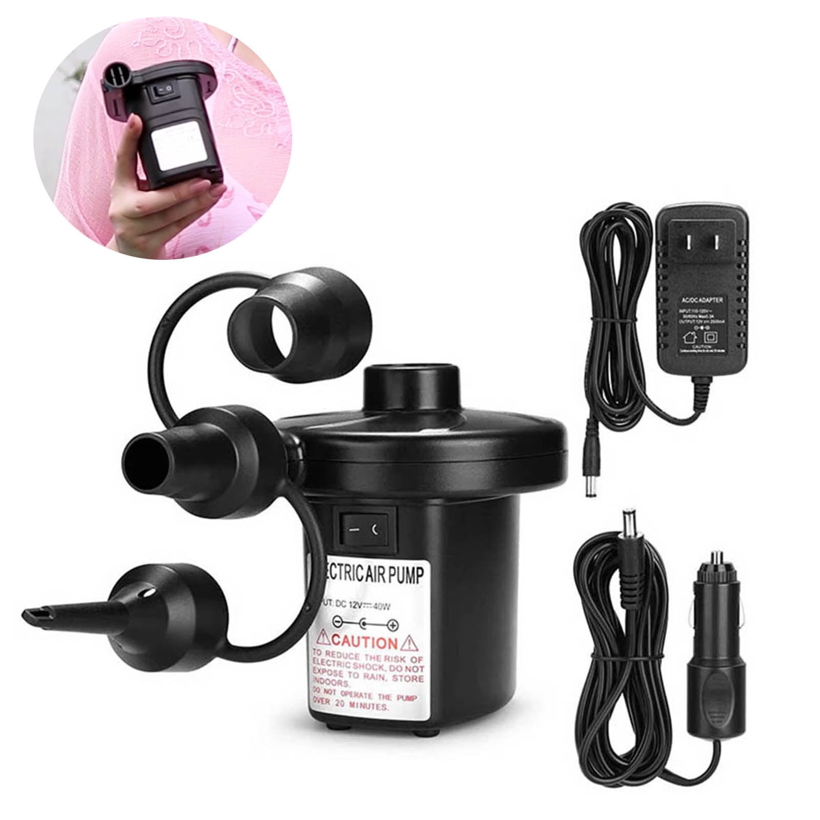 AGPTEK Electric Air Pump for Inflatables Air Mattresses Beds Swimming Pool Ring Black 4 inch with Home Car Adapter
