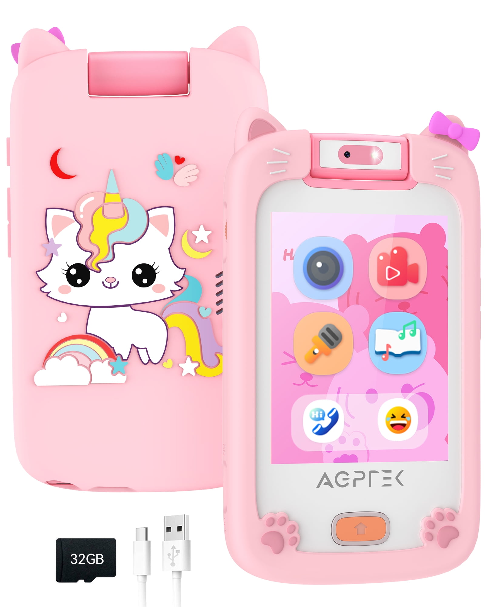 AGPTEK Kids Phone with Full Touch Screen Camera Music Simulated Calls &  Text, Christmas Birthday Gifts Learning Toys for Girls and Boys 3-6 Years  Old 