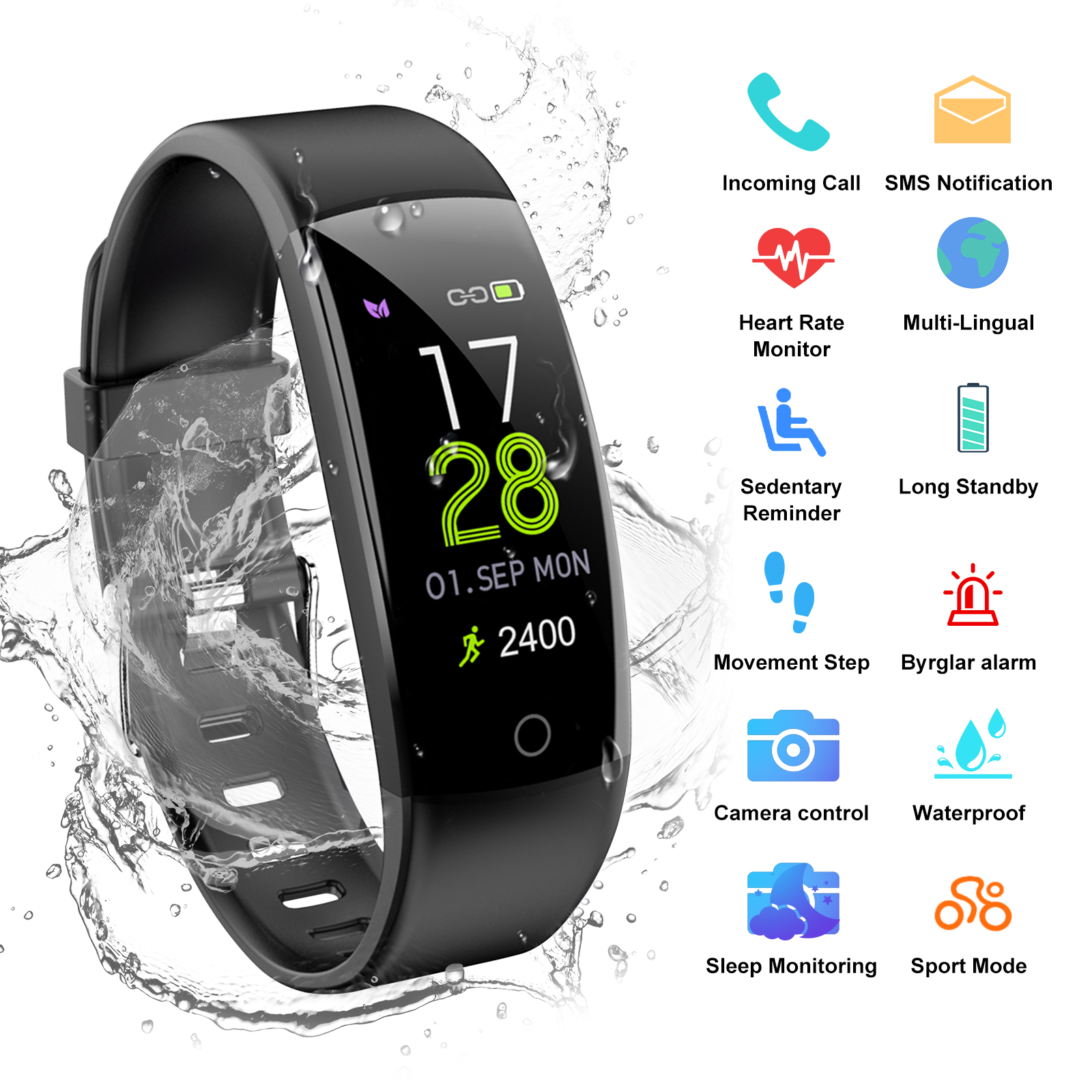 AGPTEK Waterproof Fitness Tracker with Heart Rate Monitor, Activity Monitor Smart Wristband for IOS Android Smartphone - image 1 of 8