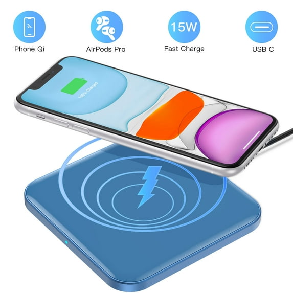 AGPTEK Wireless Charger for Phones, 15W Max Fast Mobile Charging Pad with USB-C, Blue
