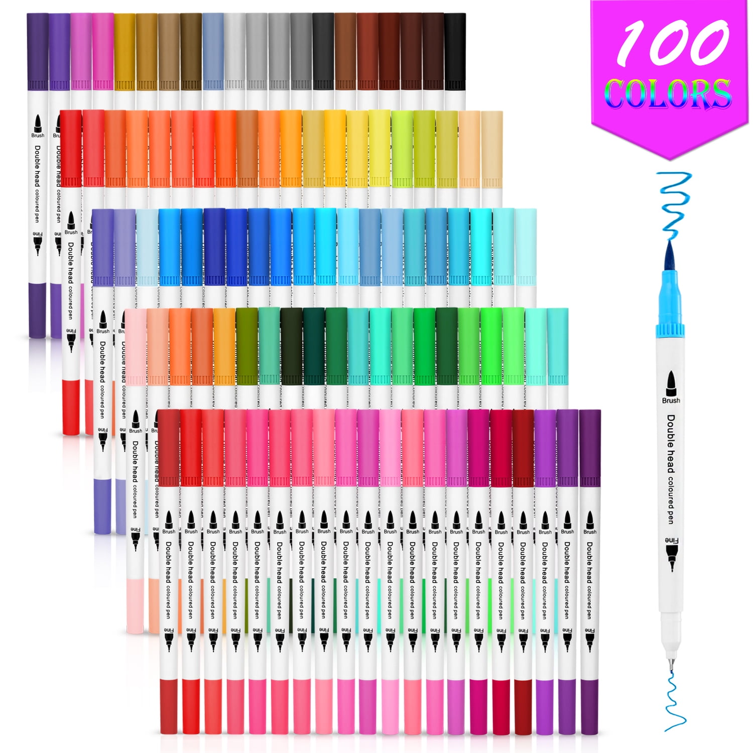 AGPtEK 100 Colors Dual Tip Brush Marker Pens with Fine Tip