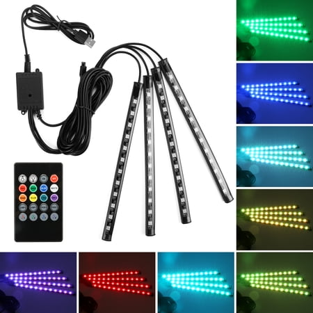 AGPtek Car LED Light Strip, RGB 48LED Interior Car Strip Lights Underdash Lighting USB Neon Lights with Music Changing Wireless IR Remote Control for Car Truck(4PCS)