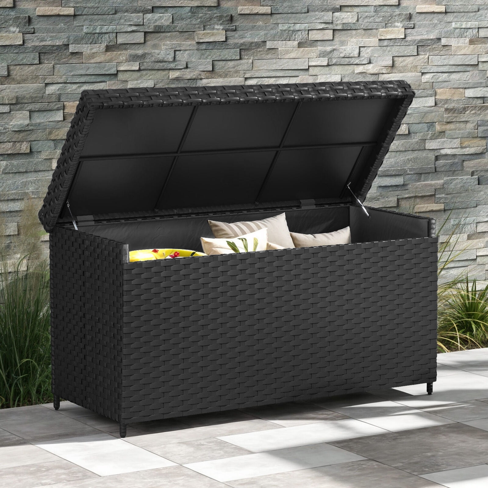 AGRTY 170-Gallon XL Outdoor Storage Deck Box, Wicker Rattan Patio Bin with Waterproof Liner \u0026 Steel Frame, Black