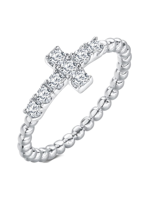 Sideways Cross Ring for Women 14K Gold Plated Created Cubic Zirconia Eternity Stackable Promise Wedding Band Beaded Cross Ring Christian Religious Jewelry 6
