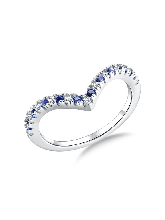 V Shaped Wishbone Ring for Women 14K White Gold Plated Created Cubic Zirconia/Sapphire Stackable Curved Promise Engagement Wedding Eternity Ring 6
