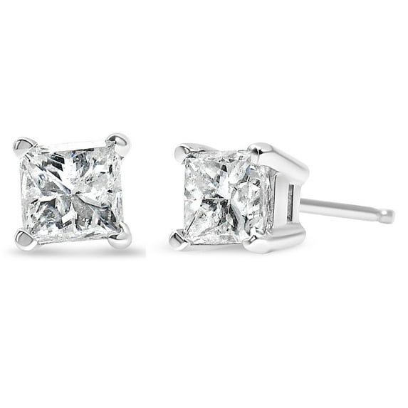 AGS Certified 14k White Gold 1/4 Cttw 4-Prong Set Princess-Cut Solitaire Diamond Push Back Stud Earrings (G-H Color, I1-I2 Clarity)