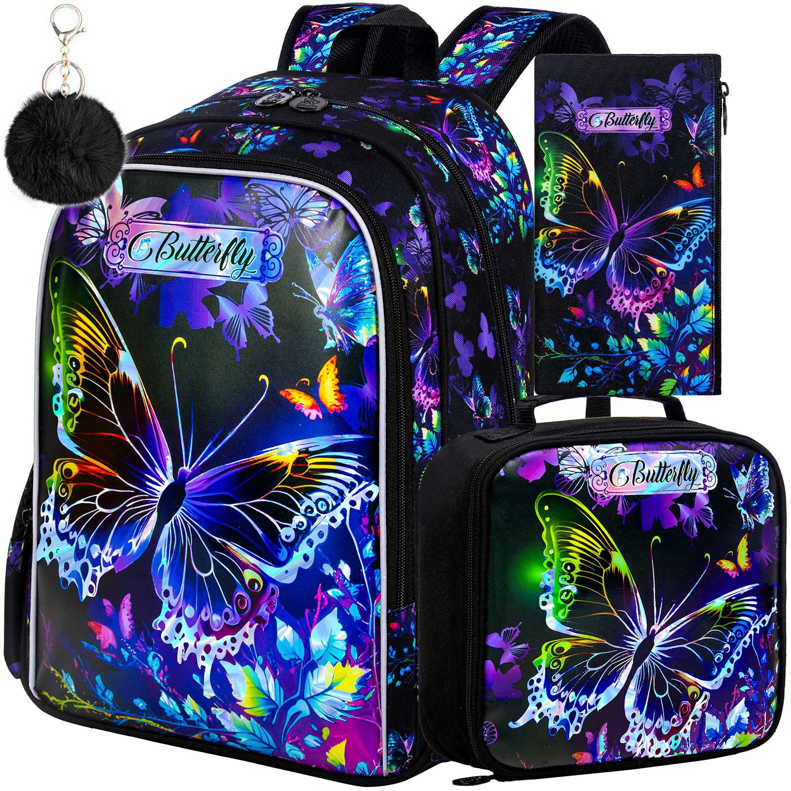 AGSDON 16" Butterfly Backpack for Girls, 3Pcs School Bookbag with Lunch Box, Kids Backpacks Set for Elementary Preschool Kindergarten(Black)