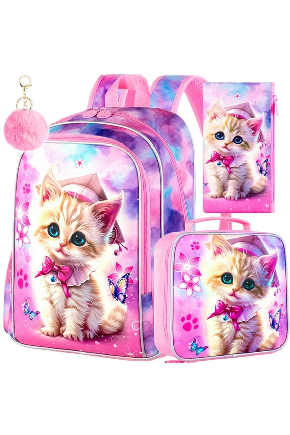 3PCS Backpacks for Girls, 16" Elementary Kids Cute Cat Backpack Preschool School Bookbags and Lunch Box