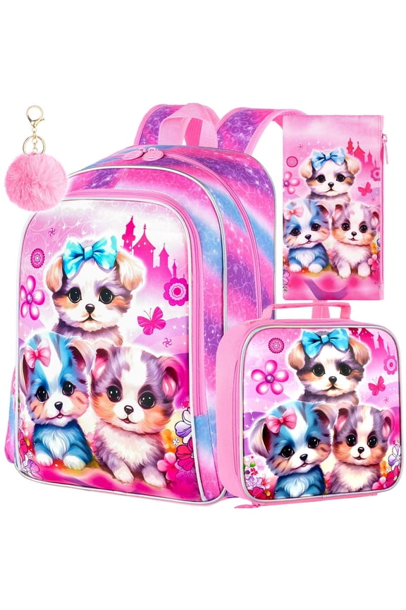 3PCS Backpacks for Girls, 16" Elementary Kids Cute Dog Backpack Preschool School Bookbags and Lunch Box
